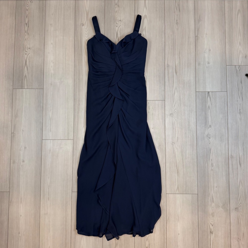 White by Vera Wang Navy Blue Ruffle Front Chiffon Bridesmaid Dress Size 8